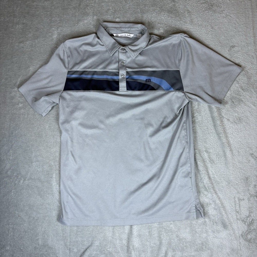 Travis Mathew Polo Shirt Mens Large White Blue Colorful Striped Golf Performance